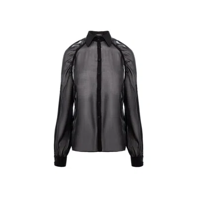 Avenue N°29 Women's Gathered Raglan Sleeve Silk Buttoned Down Shirt - Black