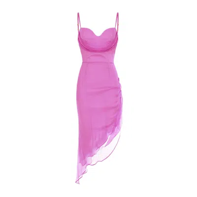 Avenue N°29 Women's Pink Asymmetric Silk Midi Dress With Straps And Side Gathering - Rose In Purple