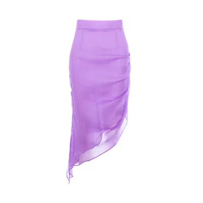Avenue N°29 Women's Purple Asymmetric Gathered Silk Midi Skirt - Lilac