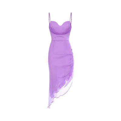 Avenue N°29 Women's Purple Asymmetric Silk Midi Dress With Straps And Side Gathering - Lilac