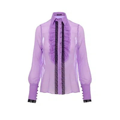 Avenue N°29 Women's Purple Silk Ruffle Buttoned Down Shirt - Lilac In White