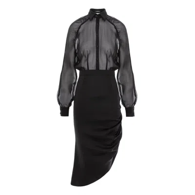 Avenue N°29 Women's Raglan Sleeve Silk Shirt Dress With Side Gathering - Black