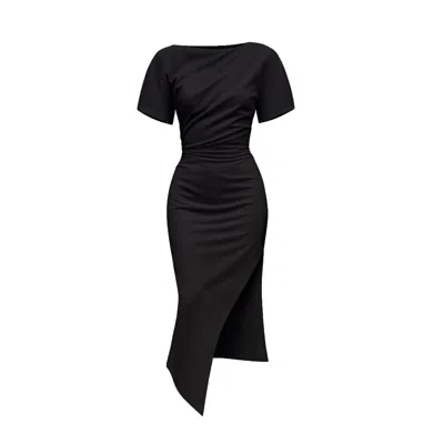 Avenue N°29 Women's Short Sleeve Asymmetric Leg Slit Dress - Black