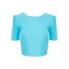 Avenue No.29 Women's Blue Linen Cropped Blouse With Back V Cut - Aqua In Blue