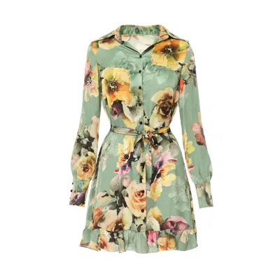 Avenue No.29 Women's Green Floral Print Satin Shirt Dress - Lime
