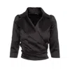 Avenue No.29 Women's Satin Lapel Wrap Blouse With Bow - Black In Black