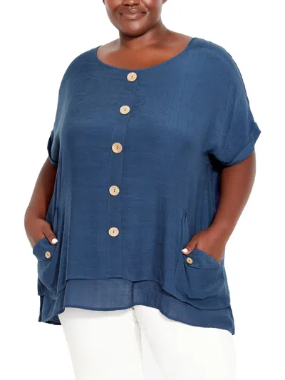 Avenue Plus Briana Womens Cap Sleeves Relaxed Blouse In Blue