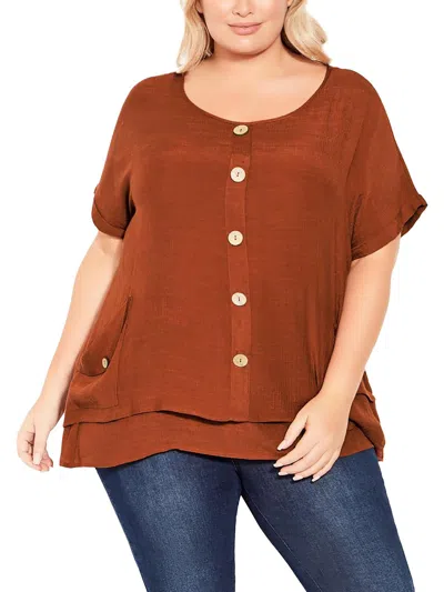 Avenue Plus Briana Womens Cap Sleeves Relaxed Blouse In Brown