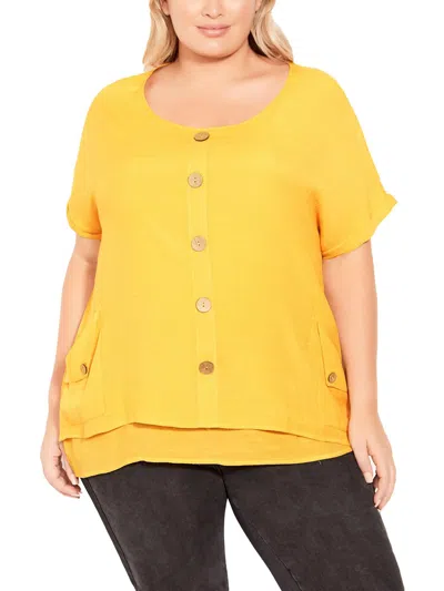 Avenue Plus Briana Womens Cap Sleeves Relaxed Blouse In Yellow