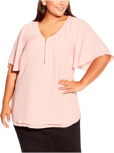 Avenue Plus Melina Womens V Neck Flutter Sleeves Blouse In Pink