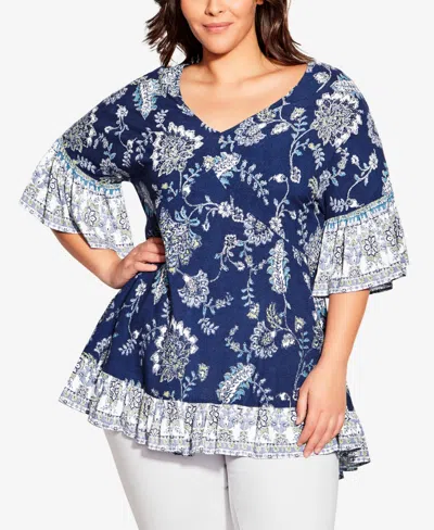 Avenue Plus Size Harper V-neck Tunic Top In Navy Ink Blossom