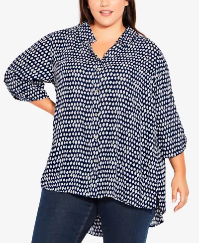 Avenue Plus Size Island Breeze Print Collared Tunic Top In Navy