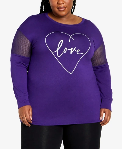 Avenue Plus Size Mesh Sleeve Round Neck Top In Purple