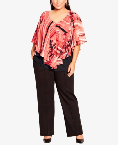 Avenue Plus Size Mira Overlay Print V-neck Top In Coral Marina Floral