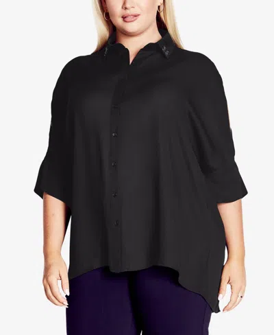 Avenue Plus Size Presley Collared Shirt Top In Black