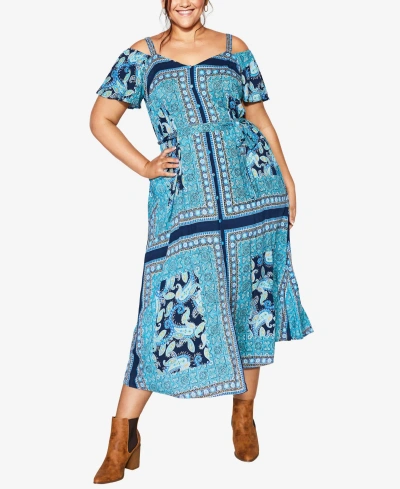 Avenue Plus Size Zoey Cold Shoulder Maxi Dress In Navy Scarf