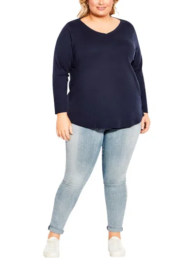 Avenue Plus Womens Cotton V Neck Pullover Top In Blue