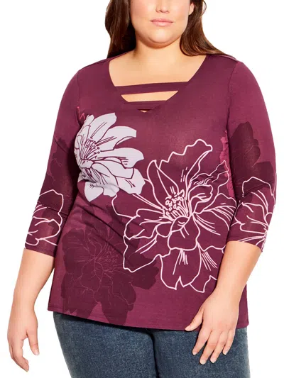 Avenue Plus Womens Floral V-neck Blouse In Red