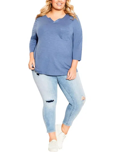 Avenue Plus Womens Heathered Notch Neck Pullover Top In Grey