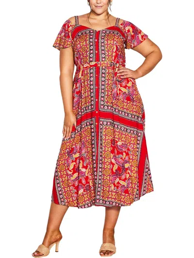 Avenue Plus Womens Printed Tea Length Shift Dress In Multi