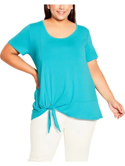 Avenue Plus Womens Side Tie Scoop Neck Pullover Top In Blue