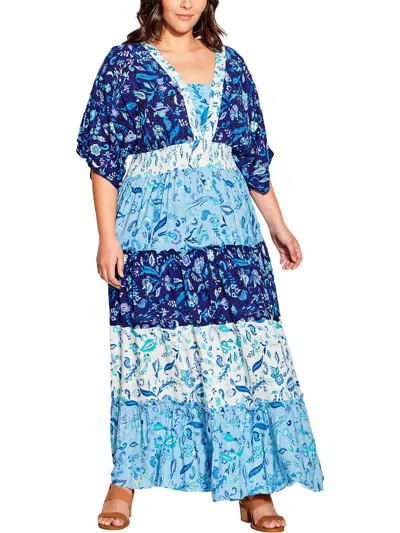 Avenue Plus Womens Smocked Long Maxi Dress In Multi