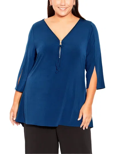 Avenue Plus Womens Zipper Split Sleeve Tunic Top In Blue