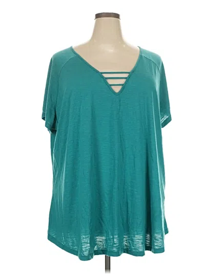 Pre-owned Avenue Short Sleeve Top Teal Keyhole Neckline Tops