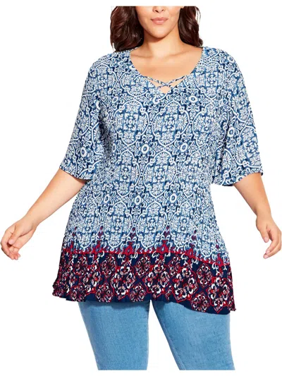 Avenue Womens Crinkled Printed Tunic Top In Multi