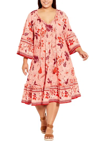 Avenue Womens Tie Neck Floral Print Midi Dress In Multi