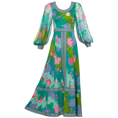 Pre-owned Averardo Bessi Bessi Multicolored Silk Jersey Chiffon Sleeves Maxi Dress, 1970s In Blue