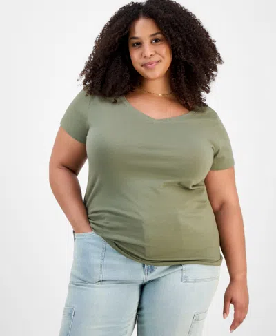 Aveto Trendy Plus Size Fitted V-neck T-shirt In Dee - Deep Lichen Gre