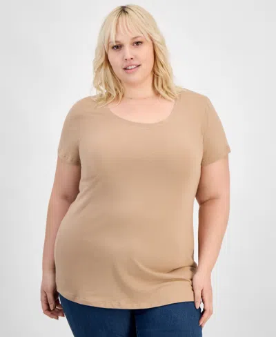 Aveto Trendy Plus Size Scoop-neck T-shirt In Tawny Brown
