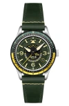 Avi-8 Flyboy Airmaster Gmt Leather Strap Watch, 40mm In Green