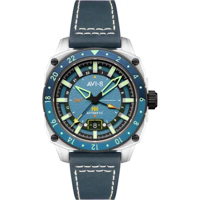 Avi-8 Hawker Hunter Atlas Gmt Movement Leather Strap Watch, 44mm In Blue