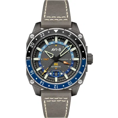 Avi-8 Hawker Hunter Atlas Gmt Movement Leather Strap Watch, 44mm In Gray