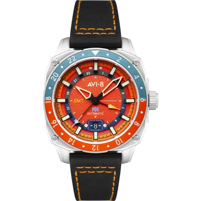 Avi-8 Hawker Hunter Atlas Gmt Movement Leather Strap Watch, 44mm In Orange