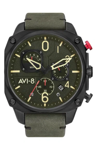 Avi-8 Hawker Hunter Retrograde Chronograph Leather Strap Watch, 45mm In Green