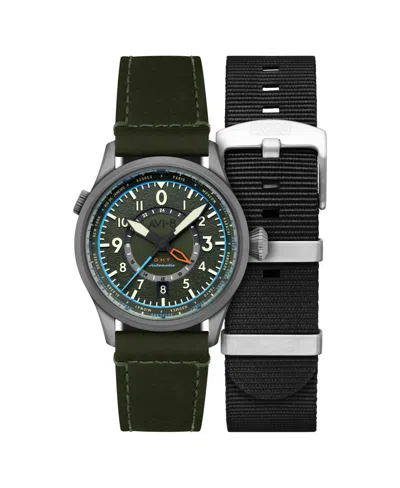 Avi-8 Men's Flyboy Wingman Worldtimer Gmt Automatic Green Leather Strap Watch, 41mm