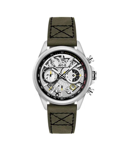 Avi-8 Men's Hawker Harrier Matador Chronograph Green Leather Strap Watch, 44mm In Silver