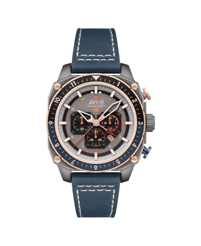 Avi-8 Men's Hawker Hunter Atlas Dual-time Chronograph Blue Leather Strap Watch, 44mm In Gray