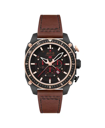 Avi-8 Men's Hawker Hunter Atlas Dual-time Chronograph Brown Leather Strap Watch, 44mm In Black