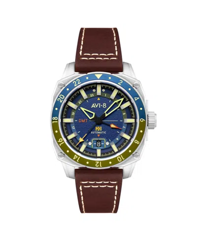Avi-8 Men's Hawker Hunter Atlas Gmt Automatic Brown Leather Strap Watch, 44mm In Blue