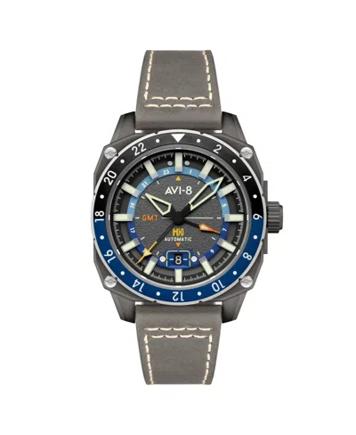 Avi-8 Men's Hawker Hunter Atlas Gmt Automatic Gray Leather Strap Watch, 44mm