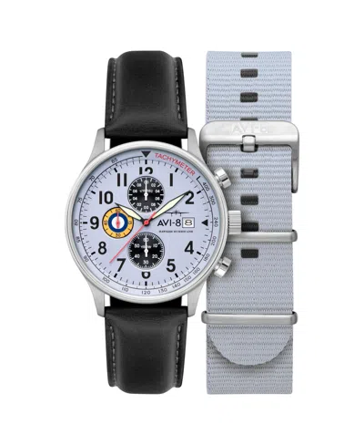 Avi-8 Men's Hawker Hurricane Classic Chronograph Black Leather Strap Watch, 43.5mm In Gray
