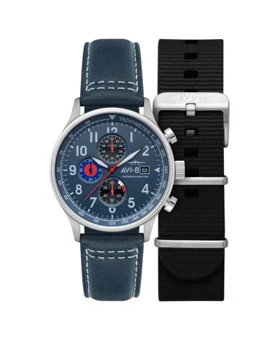 Avi-8 Men's Hawker Hurricane Classic Chronograph Blue Leather Strap Watch, 43.5mm