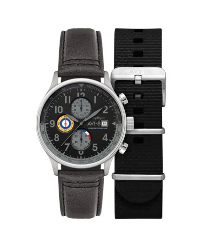 Avi-8 Men's Hawker Hurricane Classic Chronograph Gray Leather Strap Watch, 43.5mm In Black