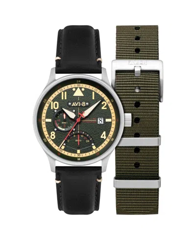Avi-8 Men's Hawker Hurricane Mckellar Dual-time Black Leather Strap Watch, 44mm In Green