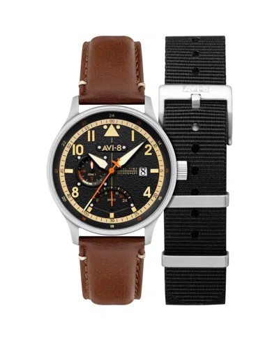 Avi-8 Men's Hawker Hurricane Mckellar Dual-time Brown Leather Strap Watch, 44mm In Black
