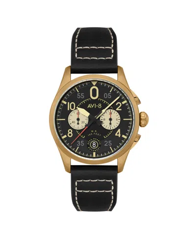 Avi-8 Men's Spitfire Lock Chronograph Black Leather Strap Watch, 42mm